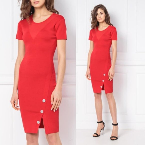 $475 NEW SILVIAN HEACH Red Pencil Dress SMALL Round Neck Short Sleeves Split Hem - Picture 3 of 12